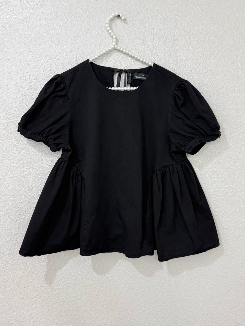 Pomander Place Black Babydoll Top Cotton Puff Sleeve Open Back Bow Blouse Size M